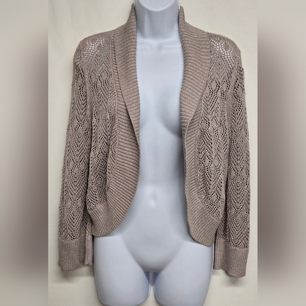 I.N.C. Shrug M Open Front Knit Collared Taupe Silver Sparkle Metallic